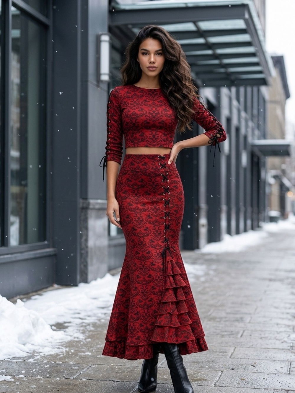 Lace-Up Red Jacquard Mermaid Maxi Skirt